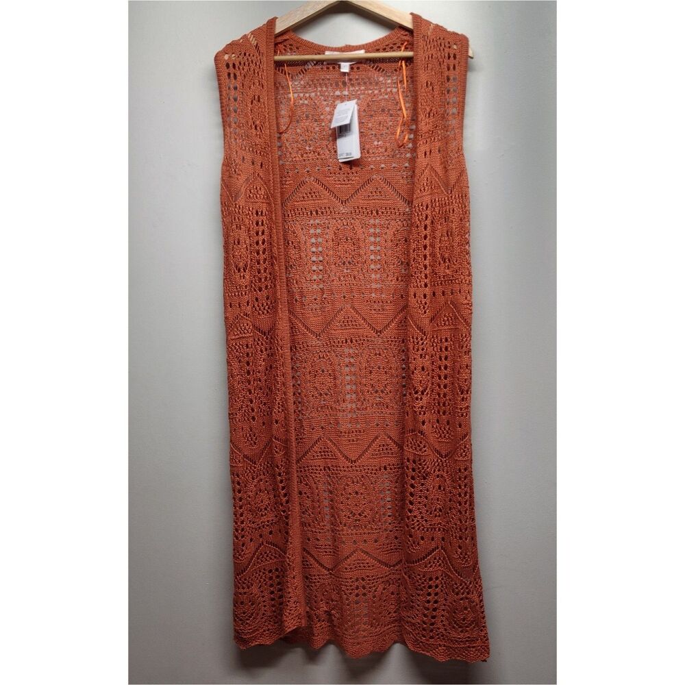 Chelsea And Theodore Crochet Cardigan Women L Orange Sleeveless Open Boho Beachy